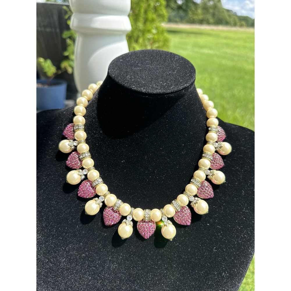 NWT Authen HEIDI DAUS "From The‎ Heart" Pink Crystal and Pearls Hearts necklace